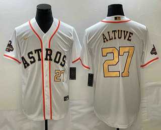 Men%27s Houston Astros #27 Jose Altuve Number 2023 White Gold World Serise Champions Patch Cool Base Stitched Jerseys